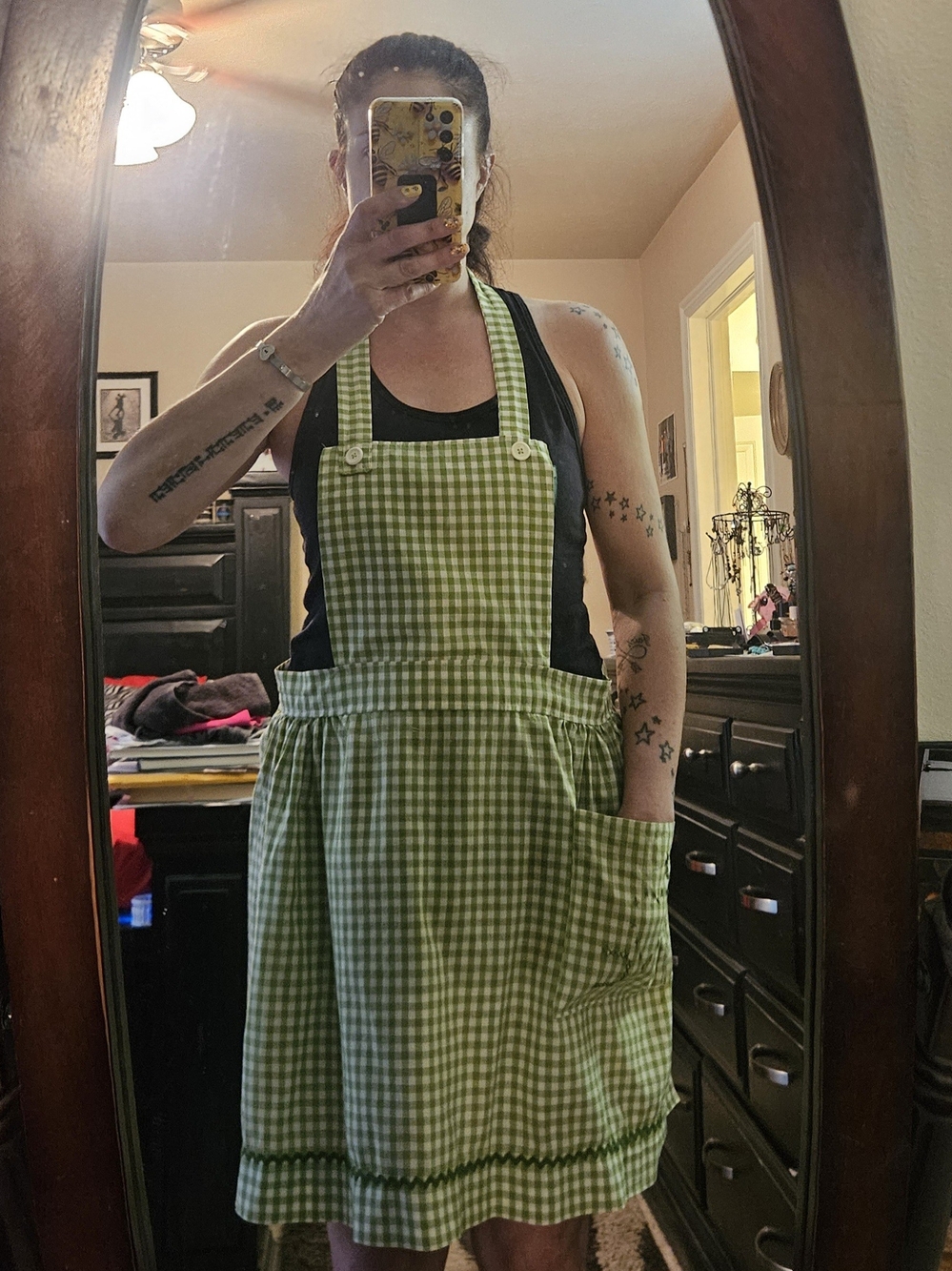 Vintage Handmade Green Gingham Apron with Heart Embroidery & Rickrack Trim